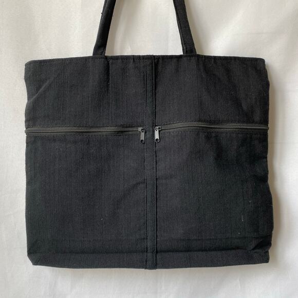 Embroidered Peacock Corduroy Canvas Tote Bag Black Pink Multicolor Artsy NEW - Picture 3 of 9